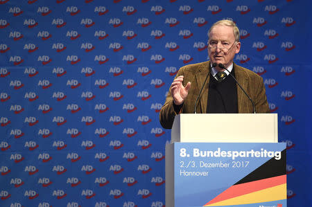 Alexander Gauland delivers a speech during the anti-immigration party Alternative for Germany (AfD) congress in Hanover, Germany December 2, 2017. REUTERS/Fabian Bimmer