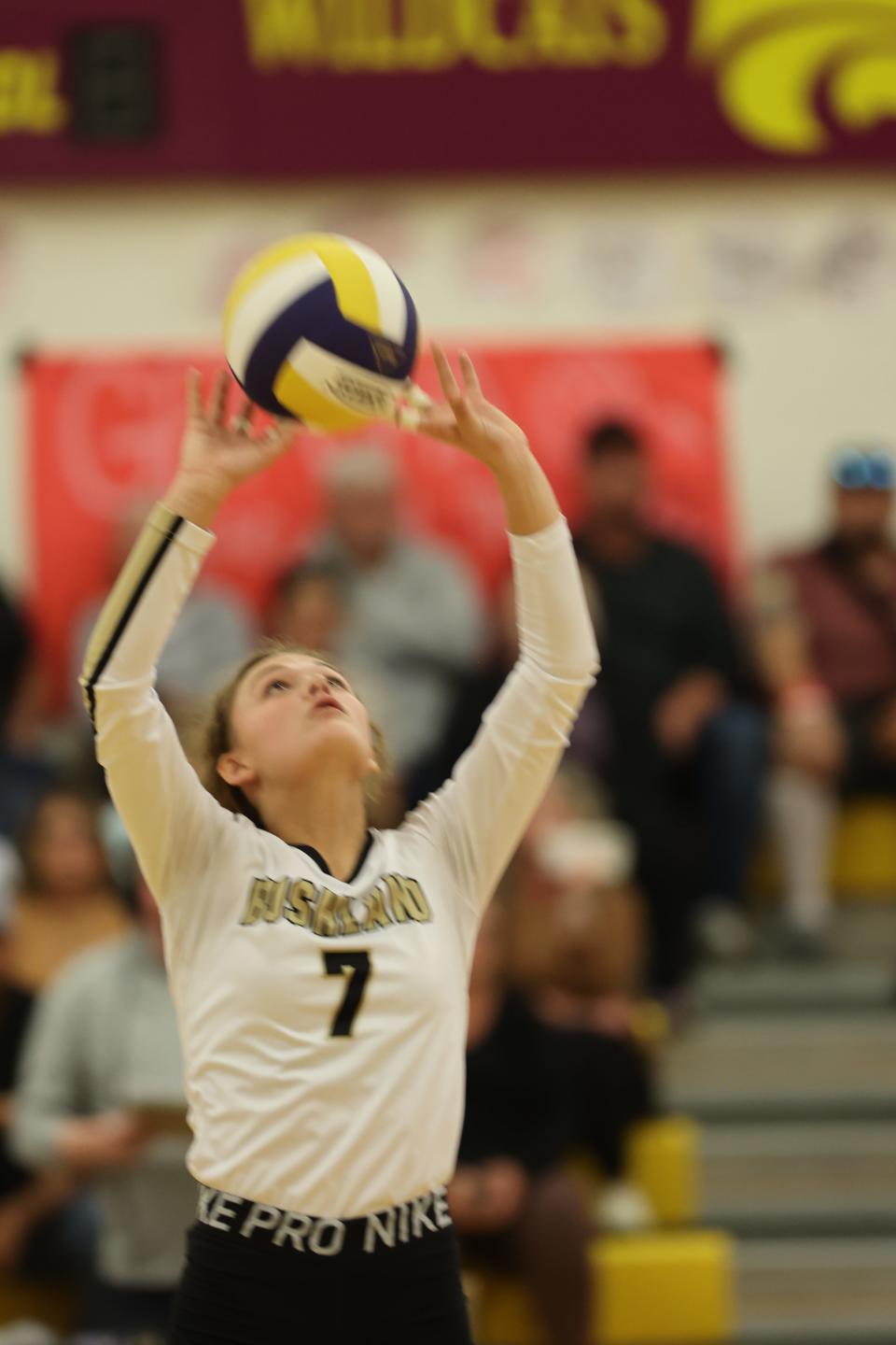 Bushland’s Logan Culpepper (7) attempts to set the ball during a District 1-3A match against River Road on Tuesday, Oct. 25, 2022 at River Road High School.