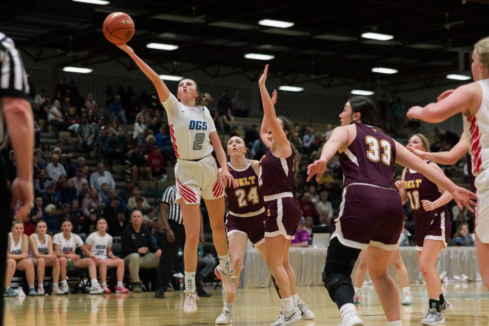 Denton-Geyser-Stanford-Geraldine's BriElla Becker lays up a shot against Belt in the semifinals of the Northern C divisional tournament at Four Seasons Arena Friday.