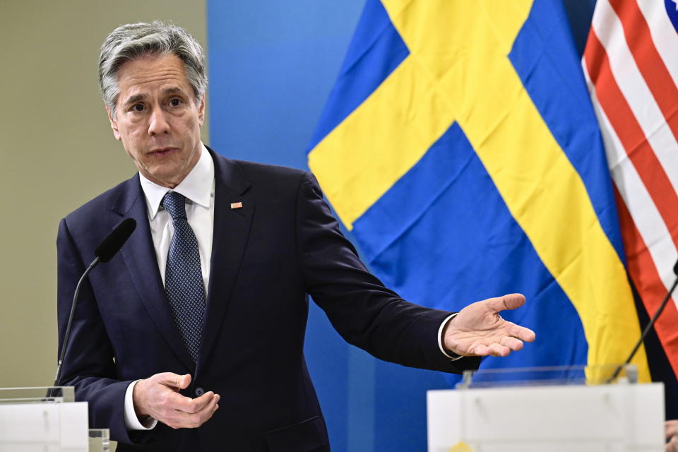 U.S. Secretary of State Antony Blinken speaks during a press meeting in Lulea, Sweden, Tuesday May 30, 2023. Blinken said Tuesday the “time is now” for Turkey to drop its objections to Sweden joining NATO but says the Biden administration also believes that Turkey should be provided with upgraded F-16 fighters “as soon as possible.” (Jonas Ekströmer/TT News Agency via AP)