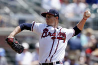 Atlanta Braves starting pitcher Tucker Davidson works against the Washington Nationals in the first inning of a baseball game Thursday, June 3, 2021, in Atlanta. (AP Photo/John Bazemore)