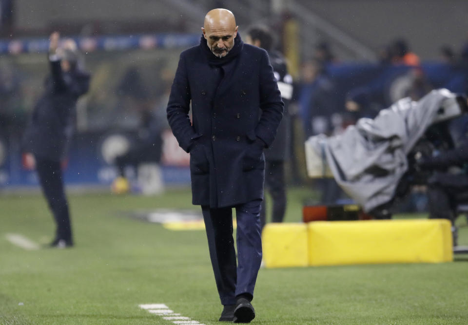 Inter Milan coach Luciano Spalletti walks during an Italian Cup quarterfinal soccer match between Inter Milan and Lazio at the San Siro stadium, in Milan, Italy, Thursday, Jan. 31, 2019. (AP Photo/Luca Bruno)