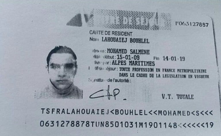 This image obtained by AFP on July 15, 2016 from a French police source shows a reproduction of the residence permit of Mohamed Lahouaiej-Bouhlel