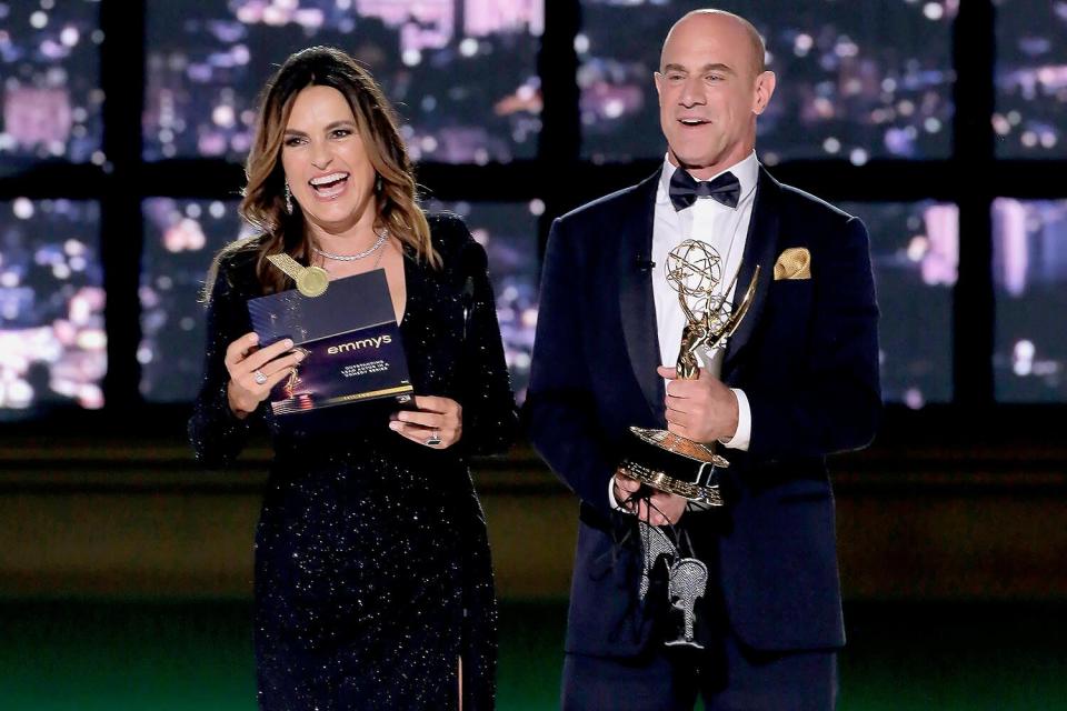 Mariska Hargitay and Christopher Meloni speak on stage during the 74th Annual Primetime Emmy Awards held at the Microsoft Theater on September 12, 2022.