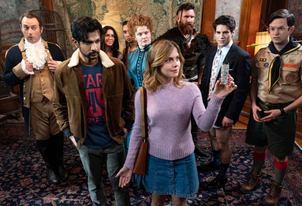 Brandon Scott Jones, Utkarsh Ambudkar, Sheila Carrasco, Román Zaragoza, Rebecca Wisocky, Rose McIver, Devan Chandler Long, Asher Grodman and Richie Moriarty in CBS' 'Ghosts.'