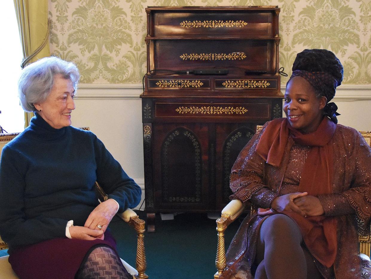 Lady Susan Hussey meets Ngozi Fulani, founder of the charity Sistah Space in the Regency room in Buckingham Palace, London, Britain Friday December 16, 2022.