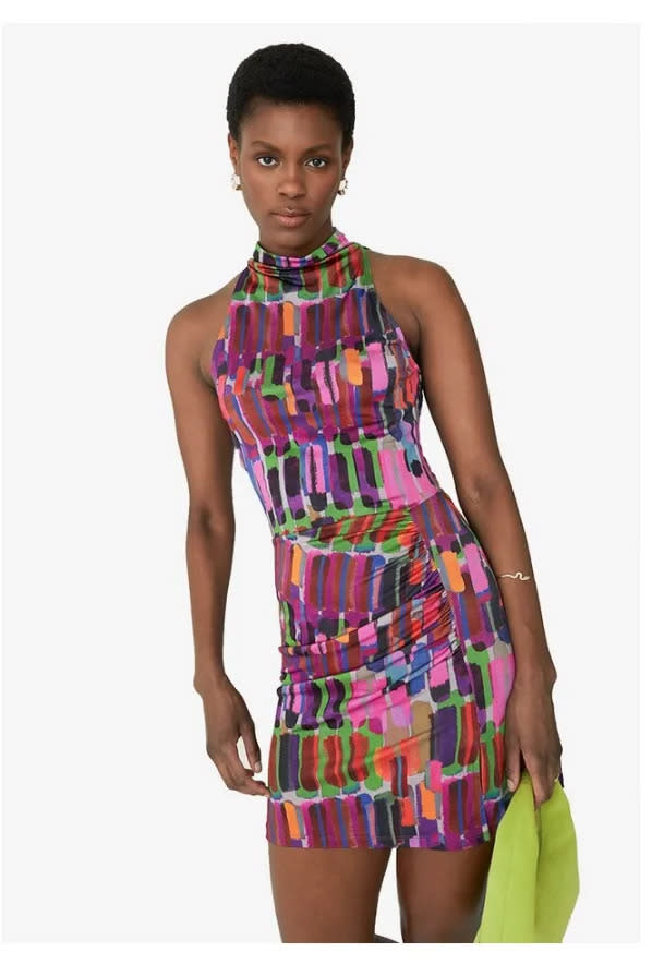 A model wears & Other Stories Printed Cowl Neck Mini Dress