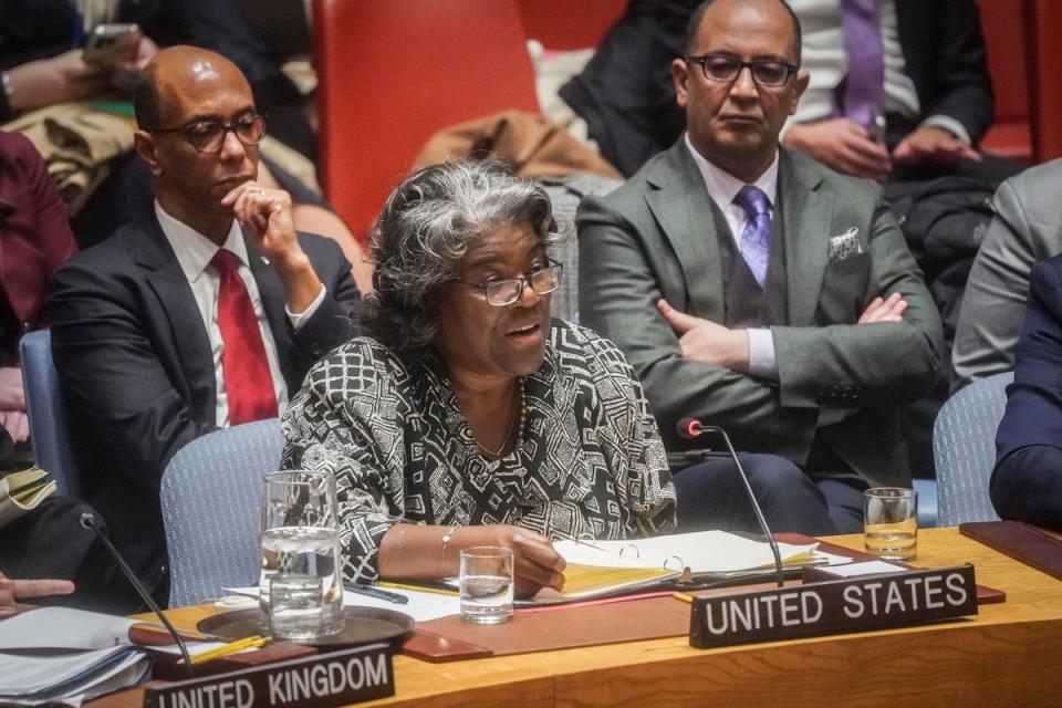 America’s UN ambassador Linda Thomas-Greenfield speaks on the resolution (AP)