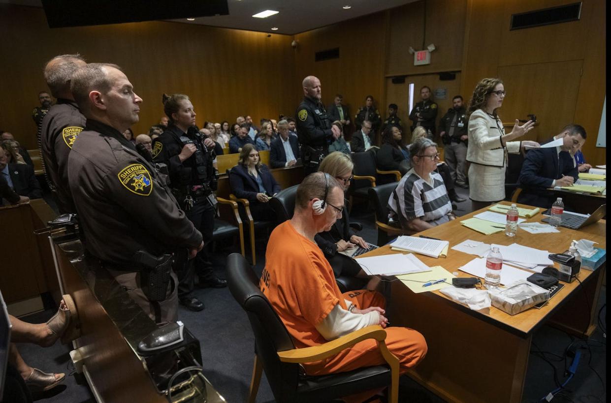 James Crumbley awaits sentencing on four counts of involuntary manslaughter. <a href="https://www.gettyimages.com/detail/news-photo/james-crumbley-his-attorney-mariell-lehman-jennifer-news-photo/2144466057?adppopup=true" rel="nofollow noopener" target="_blank" data-ylk="slk:Bill Pugliano/Getty Images;elm:context_link;itc:0;sec:content-canvas" class="link ">Bill Pugliano/Getty Images</a>