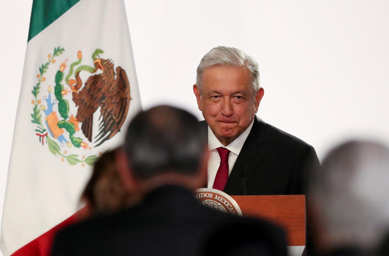 Mexico's President Andres Manuel Lopez Obrador grimaces during a ceremony to deliver his third state of the union address at the National Palace in Mexico City, Mexico September 1, 2021. REUTERS/Edgard Garrido