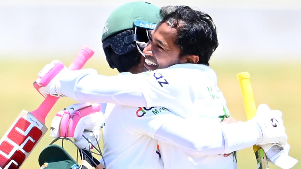 Mominul Haque and Mushfiqur Rahim of Bangladesh celebrate after winning the test match against New Zealand. (Photo by Hannah Peters/Getty Images)