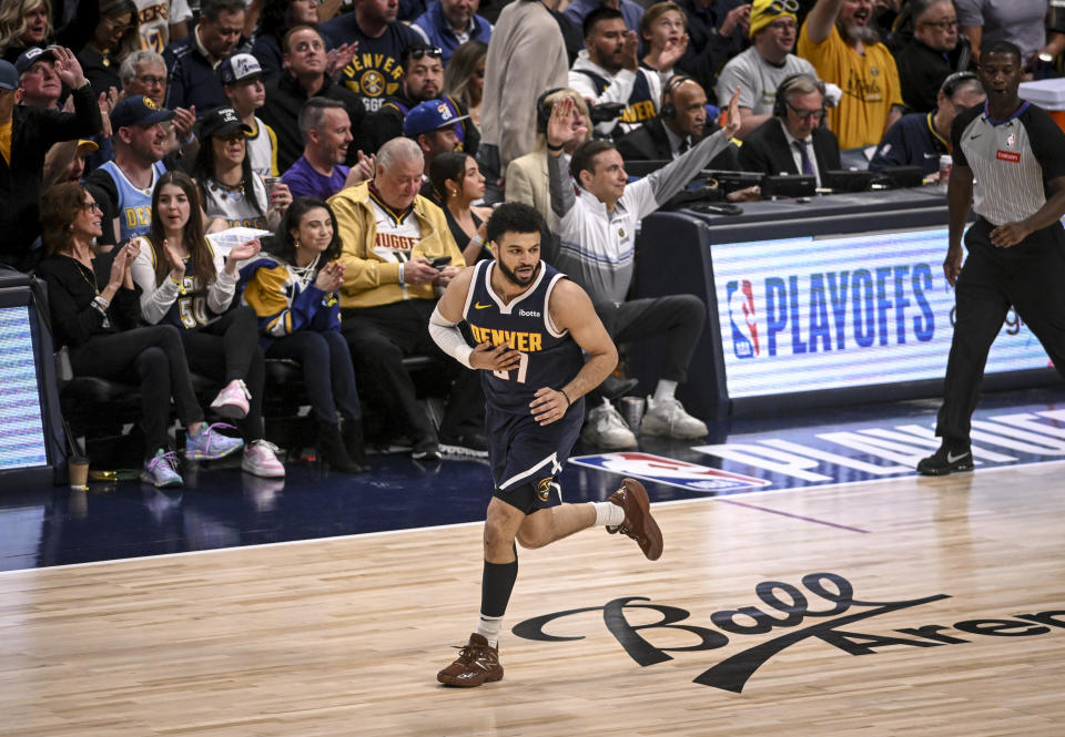 DENVER, CO - APRIL 29: The crowd cheers after Jamal Murray (27) of the Denver Nuggets hit a three pointer against the Los Angeles Lakers during the first quarter at Ball Arena in Denver, Colorado on Monday, April 29, 2024. (Photo by AAron Ontiveroz/The Denver Post)