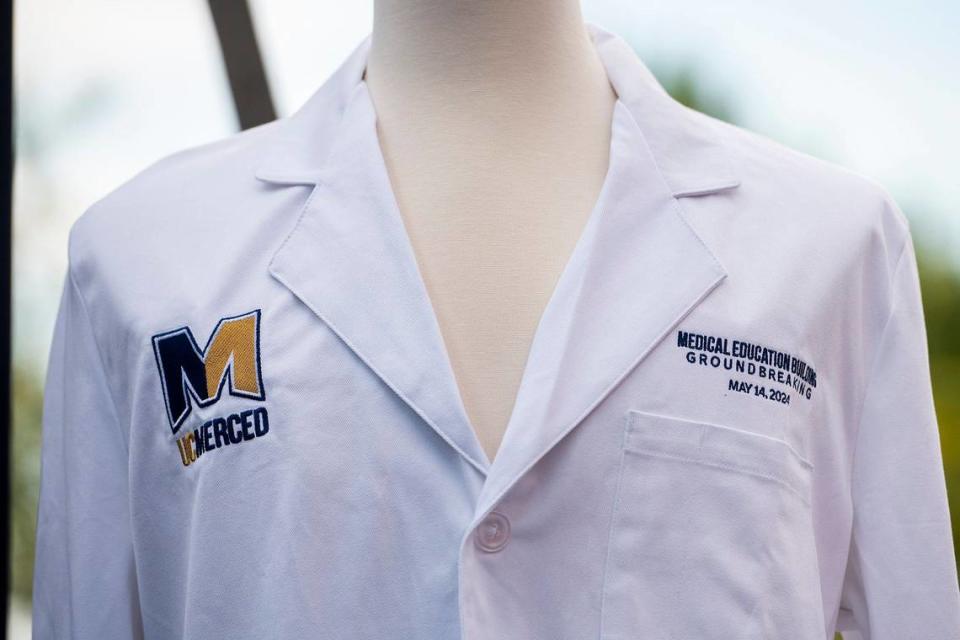 A University of California, Merced Medical Education Building coat on display during a groundbreaking ceremony on the university’s campus in Merced, Calif., on Tuesday, May 14, 2024. Construction of the $300 million 203,500 square foot facility, is expected to be completed in the fall of 2026.