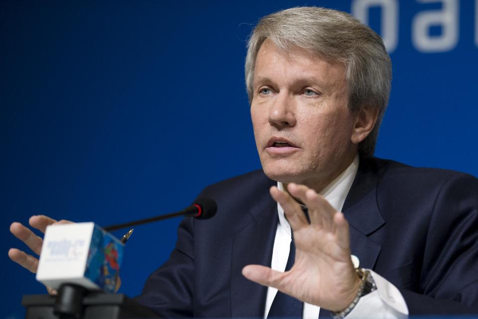 President of the the National Paralympic Committee of Ukraine Valeriy Suskevich holds out his hands during a press conference before the closing ceremony of the 2014 Winter Paralympics in Sochi, Russia, Sunday, March 16, 2014. (AP Photo/Pavel Golovkin)