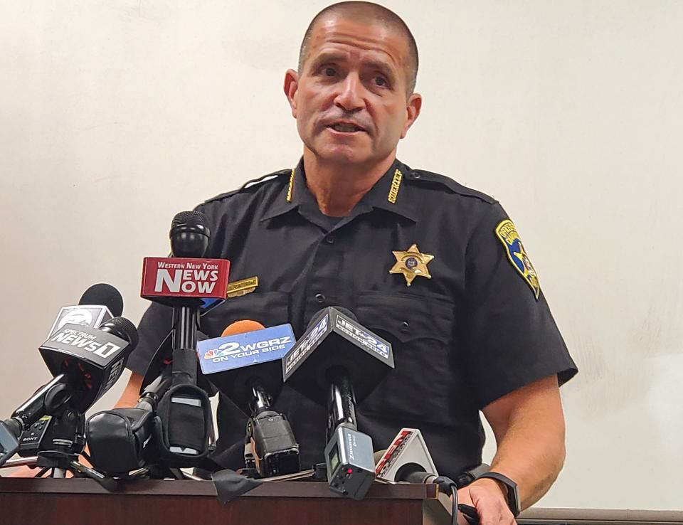 Chautauqua County, New York, sheriff James Quattrone holds a news conference, Oct. 7, 2021, regarding two bodies found in late September 2021 near Portland, New York.