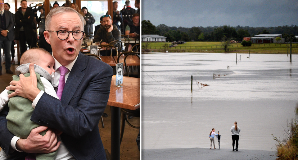 Left - Anthony Albanese and a baby. Right - a mother and daughter looking to the distance at floodwater. 