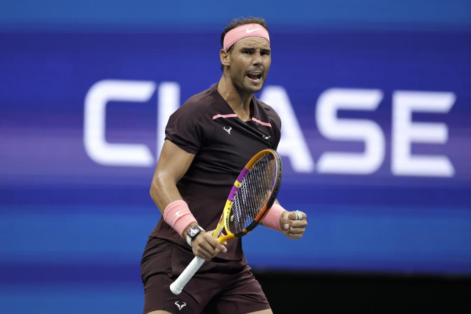 Rafael Nadal, of Spain, celebrates winning a point against Richard Gasquet, of France, during the third round of the U.S. Open tennis championships, Saturday, Sept. 3, 2022, in New York. (AP Photo/Adam Hunger)