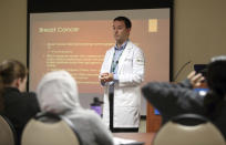 Dr. Keith Reisinger-Kindle, associate director of the OB-GYN residency program at Wright State University's medical school in Dayton, Ohio, leads a lecture of OB-GYN residents in the Wright State program Wednesday, April 13, 2022. The physician said his aim to boost abortion training “has been an uphill battle” because of legislative obstacles. (AP Photo/Paul Vernon)