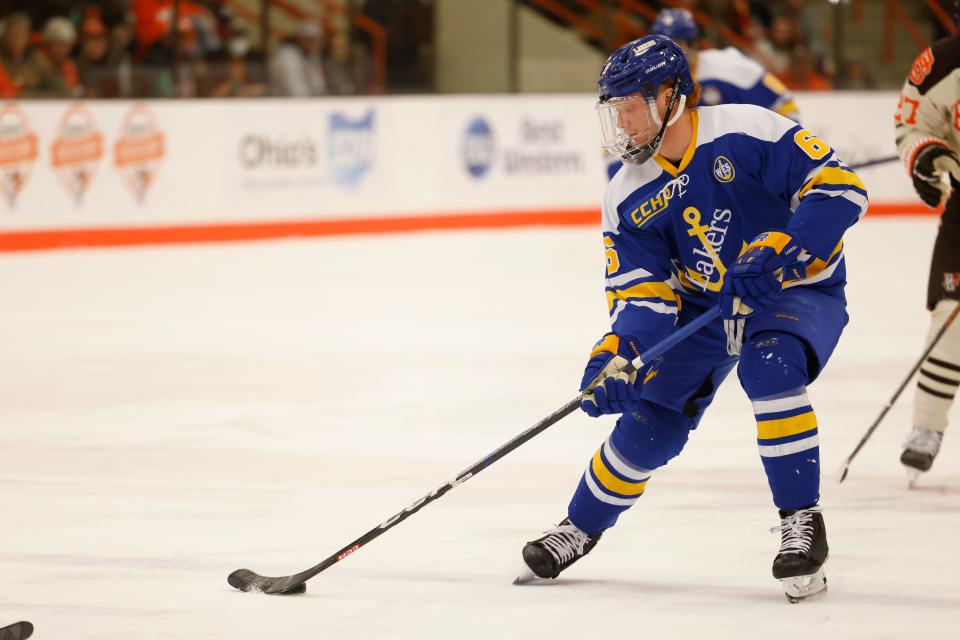 Lake Superior State defenseman Jake Willets (6) skates with the puck in the first period against the Bowling Green during an NCAA hockey game on Friday, Jan. 7, 2023, in Bowling Green, Ohio.