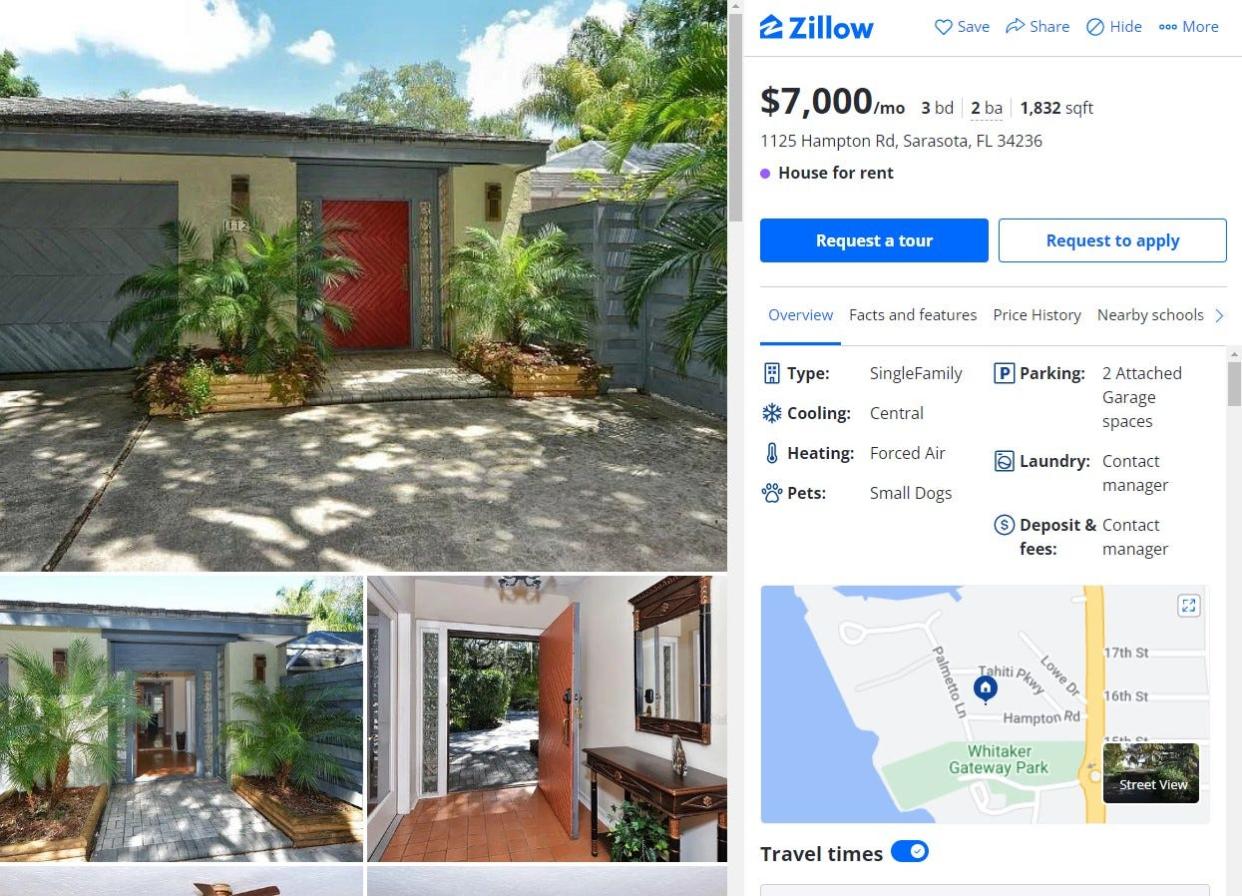 This $7,000-a-month listing on Zillow.com would max out interim New College Florida President Richard Corcoran's monthly allowance for housing. Sarasota's rental market continues to see some of the highest rents in Florida.