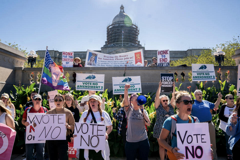 Image: Anti-abortion activists rally in front of the Kentucky State Capitol in Frankfort, Ky. on October 1, 2022.  (Stefani Reynolds  / AFP via Getty Images)