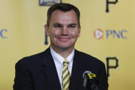 Ben Cherington smiles as he is introduced as the new general manager of the Pittsburgh Pirates baseball team at a news conference, Monday, Nov. 18, 2019, in Pittsburgh. (AP Photo/Keith Srakocic)