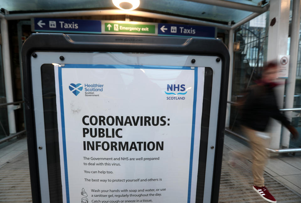 A coronavirus warning board at the entrance to Edinburgh Waverley train station. PA Photo. Picture date: Friday March 6, 2020. On Thursday the Royal Berkshire Hospital in Reading reported the first death in the UK of a person who had been diagnosed with coronavirus. See PA story HEALTH Coronavirus. Photo credit should read: Andrew Milligan/PA Wire (Photo by Andrew Milligan/PA Images via Getty Images)