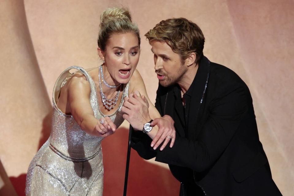 Emily Blunt and Ryan Gosling had a playful “argument” onstage. REUTERS