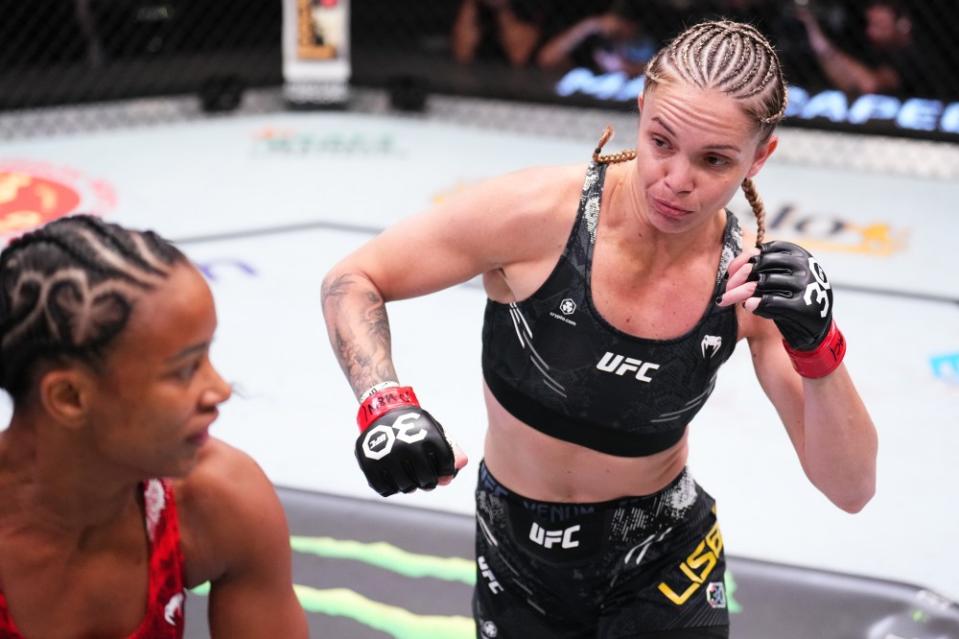 LAS VEGAS, NEVADA – OCTOBER 14: (R-L) Tainara Lisboa of Brazil battles Ravena Oliveira of Brazil in a bantamweight fight during the UFC Fight Night event at UFC APEX on October 14, 2023 in Las Vegas, Nevada. (Photo by Chris Unger/Zuffa LLC via Getty Images)