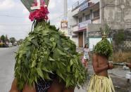 Devotees cover their heads with leaves during a Maundy Thursday ritual by penitents to atone for sins in Angeles, Pampanga north of Manila April 17, 2014. Flagellation is a form of religious discipline observed every lenten season by Catholic devotees in the Philippines REUTERS/Erik De Castro (PHILIPPINES - Tags: SOCIETY RELIGION)