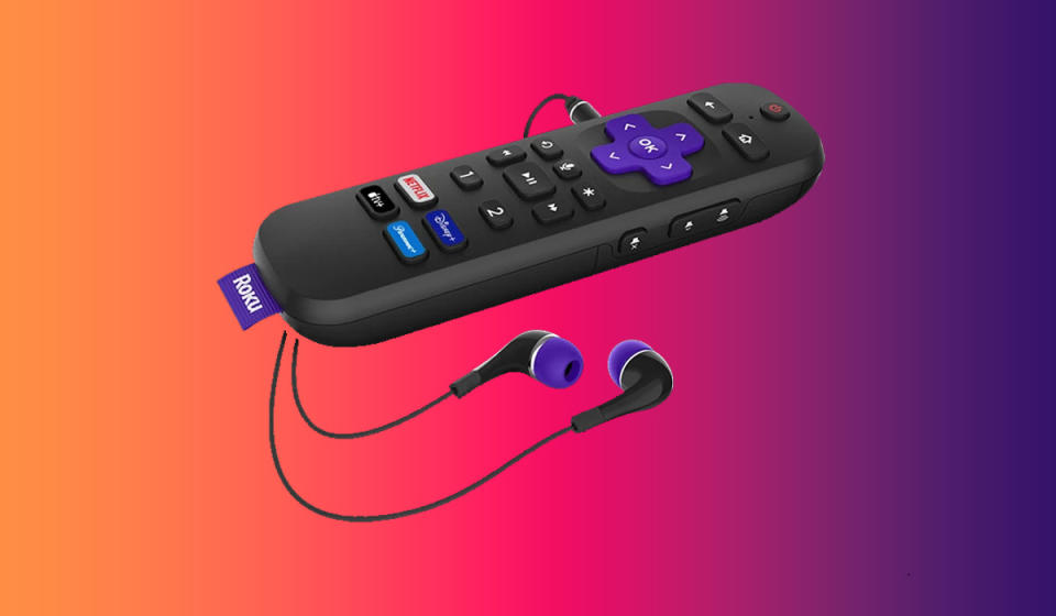 The Roku Streambar Pro remote, shown here with wired earphones plugged in.