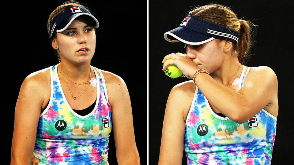 Sofia Kenin (pictured) appeared to leave the court in tears after her crushing loss to Garbine Muguruza. (Getty Images)