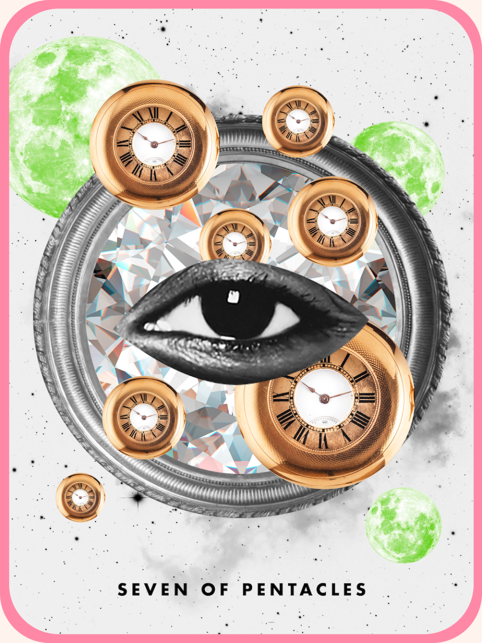 the seven of pentacles tarot card, showing seven golden clocks over an eye and a diamond