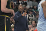 Golden State Warriors' acting head coach Mike Brown calls to his team in the second half of Game 5 of an NBA basketball second-round playoff series against the Memphis Grizzlies Wednesday, May 11, 2022, in Memphis, Tenn. (AP Photo/Karen Pulfer Focht)