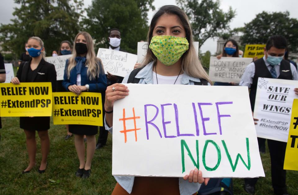 Aviation workers demonstrate on Capitol Hill on Sept. 9, 2020, urging Congress to pass a COVID-19 relief package.