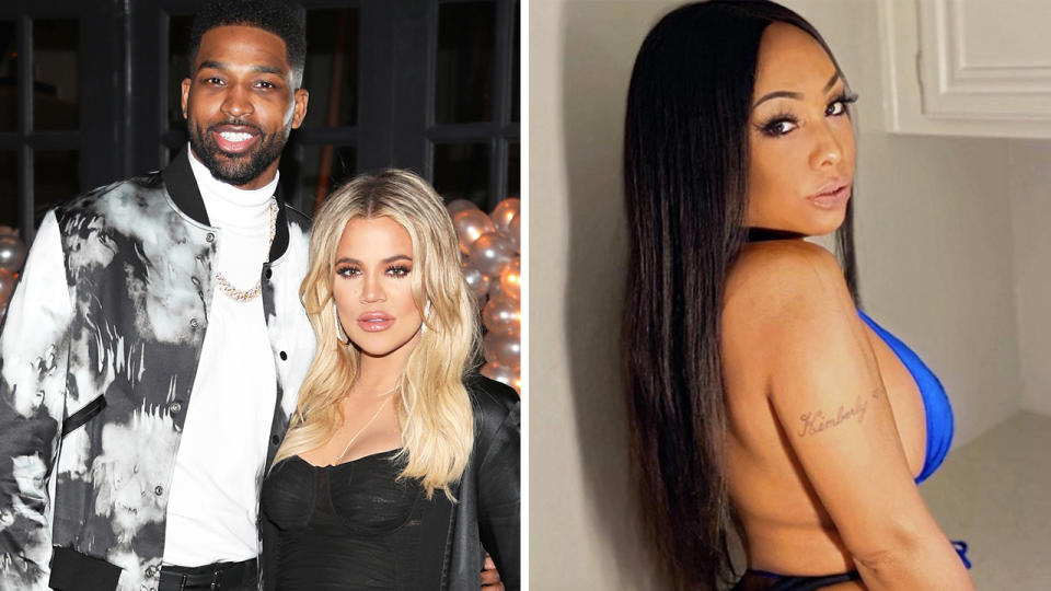 A 50/50 split images shows Tristan Thompson and Khloe Kardashian on the left, with Kimberly Alexander on the right.