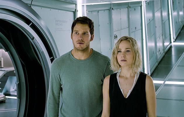 Chris and Jen starred in Passengers together. Source: Columbia Pictures