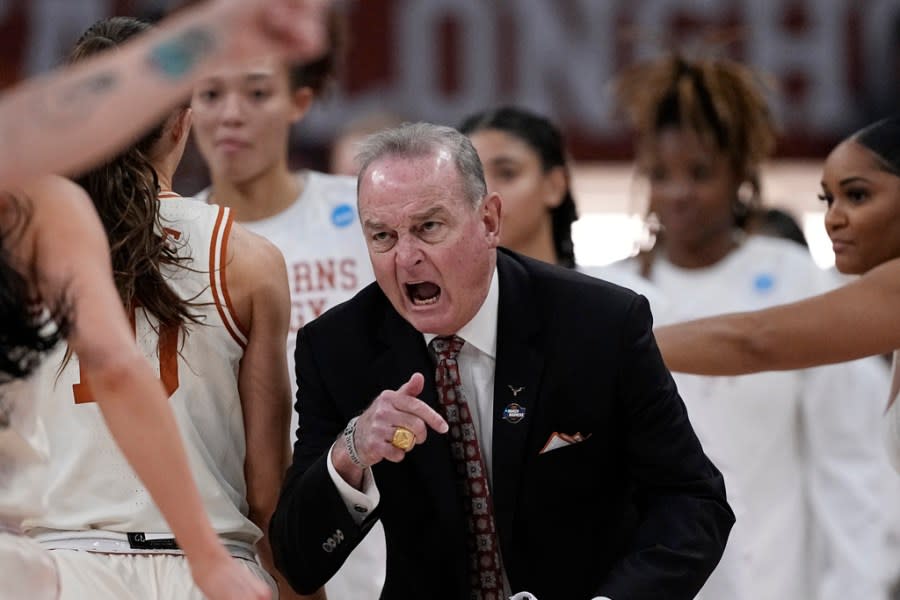 Texas head coach Vic Schaefer talks to his players during the first half of a first-round college basketball game against Drexel in the women’s NCAA Tournament in Austin, Texas, Friday, March 22, 2024. (AP Photo/Eric Gay)