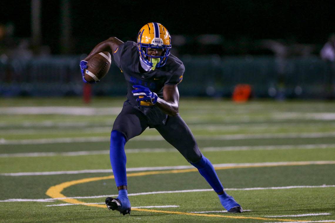 Northwestern Bulls wide receiver Andy Jean (2) runs with the football during the third quarter of a high school football game against the Jackson Generals at Traz Powell Stadium in Miami, Florida, on Friday, September 1, 2022.
