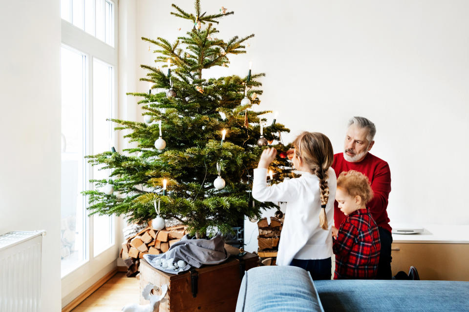 A grandpa spending some time with his grandchildren and putting up the Christmas tree.