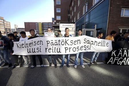 Free Movement Group of Finland stages an asylym seekers' demonstration at the Finnish Immigration Service headquarters in Helsinki, Finland, September 8, 2016. LEHTIKUVA/Vesa Moilanen via REUTERS