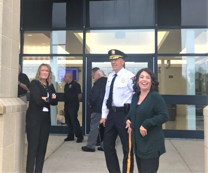 The Washington Township School District as of this September has police officers at all 11 facilities, a fact school and local officials talked about at a press briefing Tuesday morning at the high school. Here, left-right, Mayor Joann Gattinelli, police Chief Patrick Gurcsik, and Board of education President Carol Chila talk after the event. PHOTO: Sept. 26, 2023.