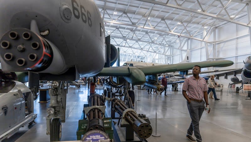 Rich Engmann observes the unveiled Alexander Hall and the L.S. Skaggs Gallery, a 10-year-long project at the Hill Aerospace Museum in Hill Air Force Base on Monday, April 29, 2024.