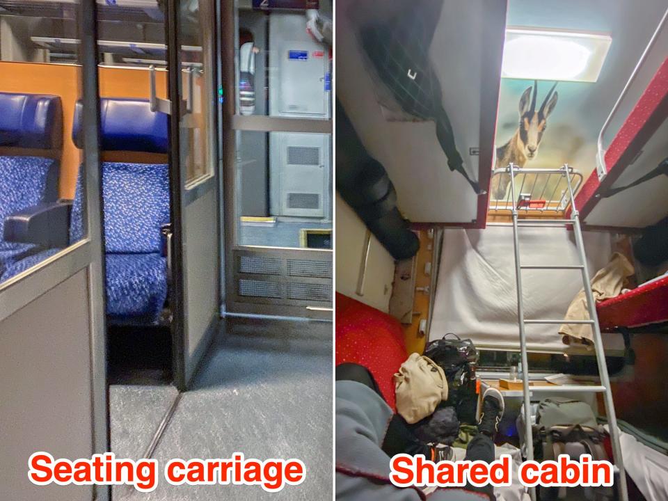 Inside the seating carriage (L) and shared cabin (R).