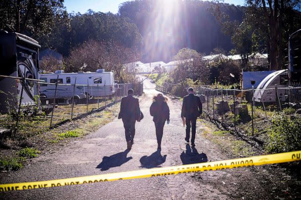 PHOTO: FBI officials walk towards from the crime scene at Mountain Mushroom Farm, Jan. 24, 2023, in Half Moon Bay, Calif. (Aaron Kehoe/AP)