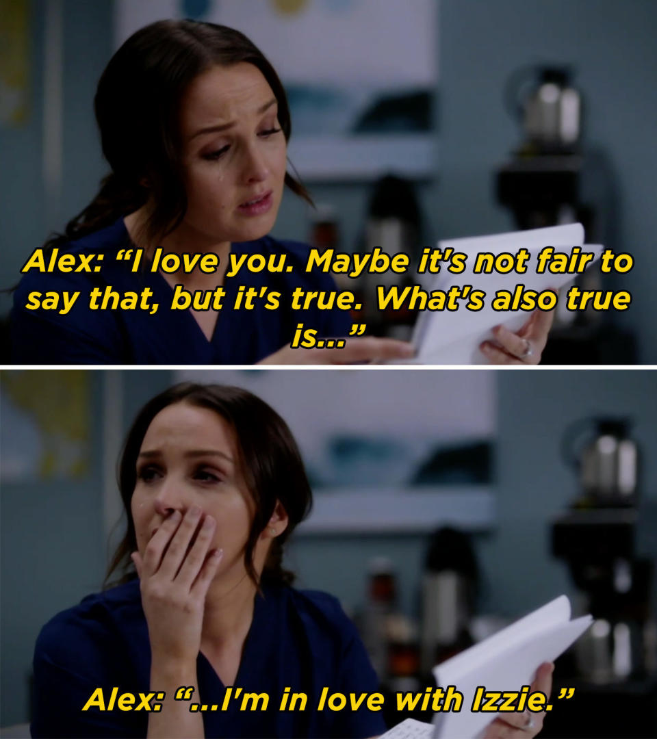 alex's letter being read by another character, confessing he was also in love with Izzie