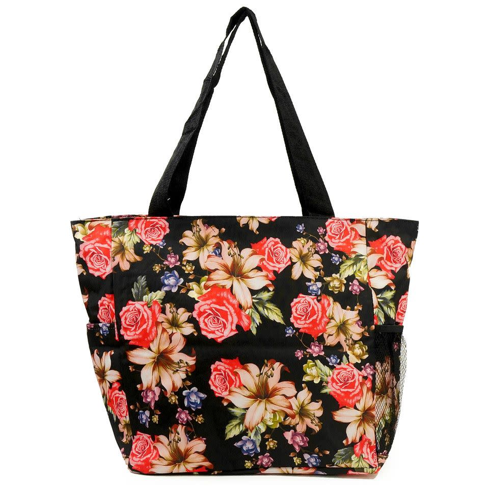 Large Beach Rose Lily Print Patterned Tote Bag