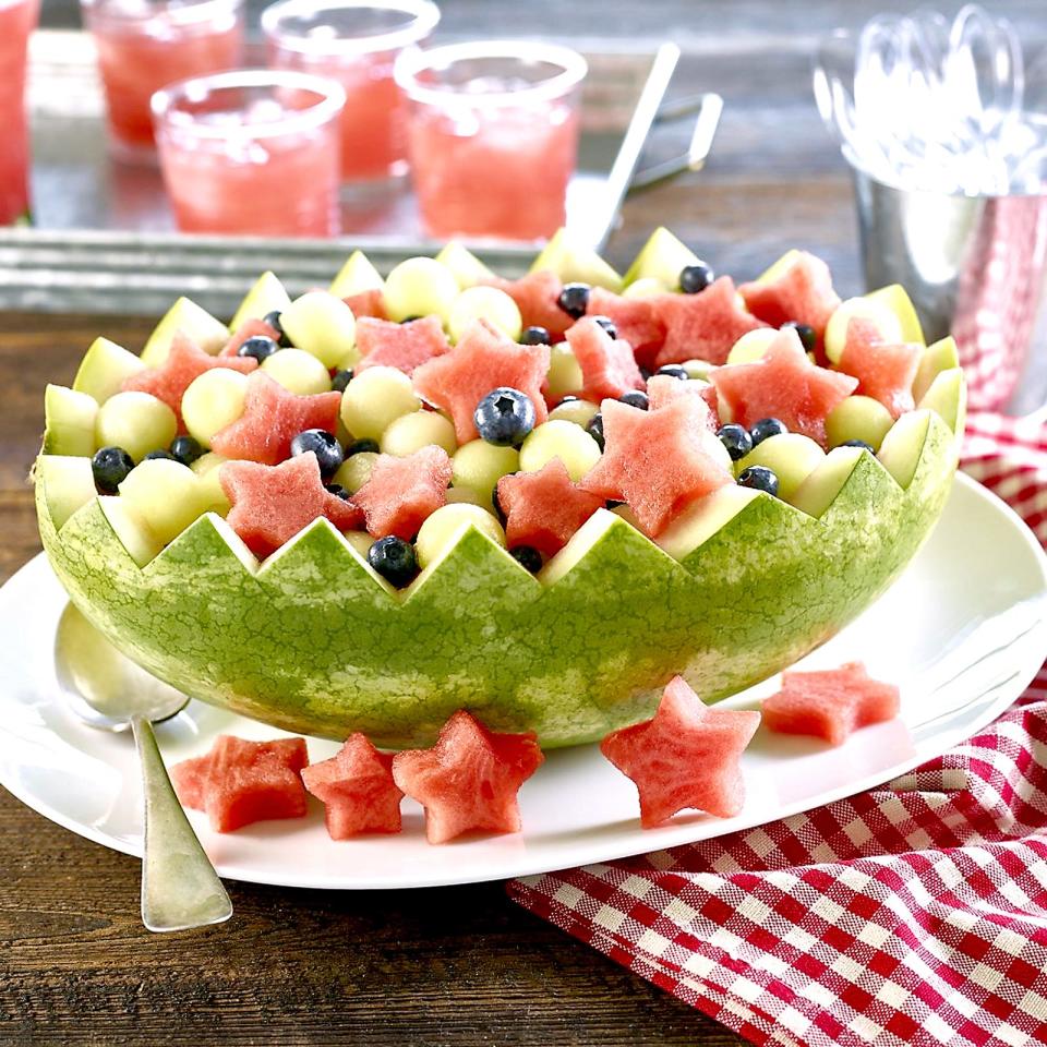 A medley of reds, pinks, greens and creams are found in this watermelon salad, with blueberries adding another touch of color.