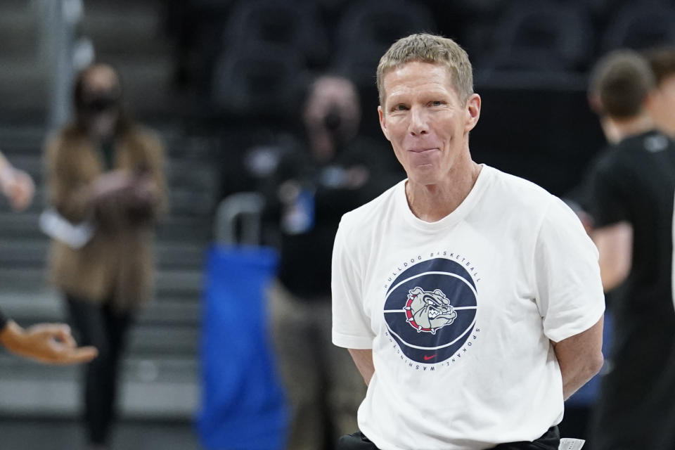 FILE - Gonzaga head coach Mark Few watches his team during practice Wednesday, March 23, 2022, in San Francisco. Gonzaga, the preseason No. 1 the previous two years, is No. 2 in the preseason AP Top 25 men's basketball poll released Monday, Oct. 17, 2022. (AP Photo/Marcio Jose Sanchez, File)