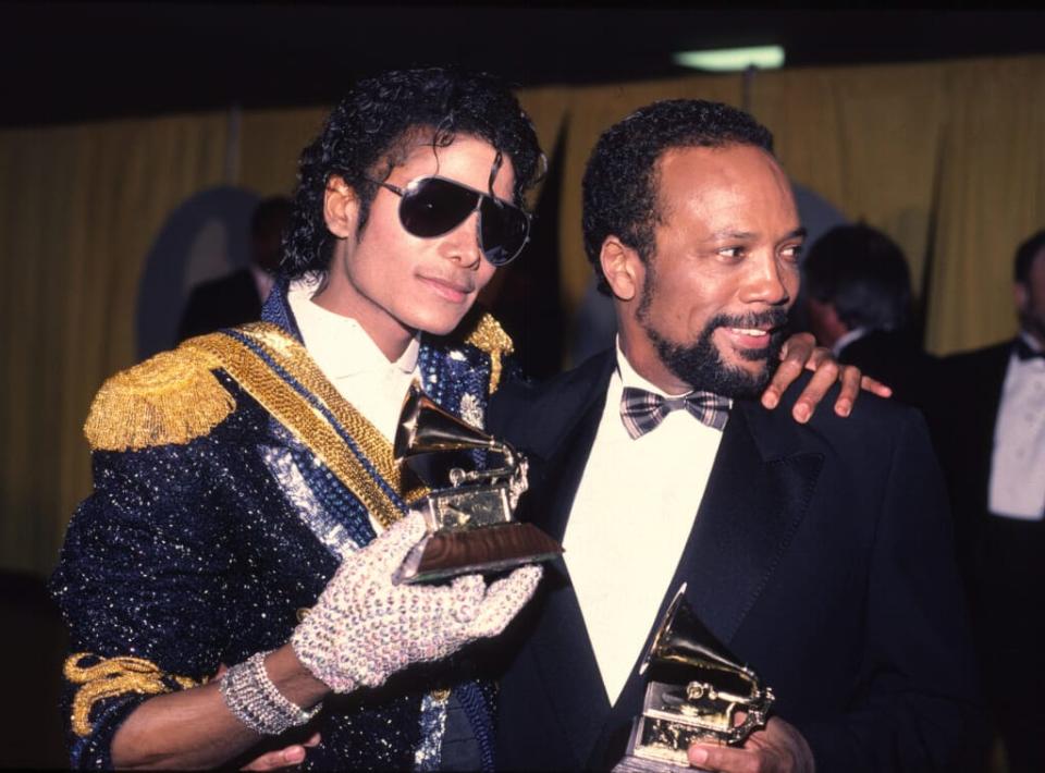 Michael Jackson, left, and Quincy Jones at the 1984 Grammys. The Michael Jackson estate and Sony Music have announced the release of “Michael Jackson Thriller 40,” a double CD set commemorating the 40th anniversary of Jackson’s record-breaking album, “Thriller,” which Jones produced. (Photo by Chris Walter/WireImage)